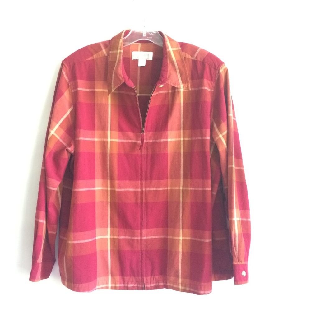 C J Banks size 1X Zip Plaid shirt Red Orange White